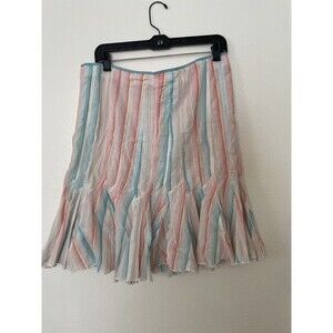 O'Neill Women's Pink Blue Striped Cotton Flared Ruffled Skirt Size 7